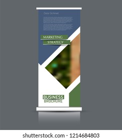 Roll up banner design. Vertical narrow flyer template. Advertising panel layout. Blue and green vector illustration.
