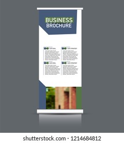 Roll up banner design. Vertical narrow flyer template. Advertising panel layout. Blue and green vector illustration.
