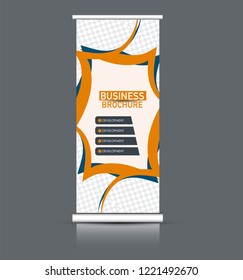 Roll up banner design. Vertical narrow flyer template. Advertising panel layout. Blue and orange vector illustration.