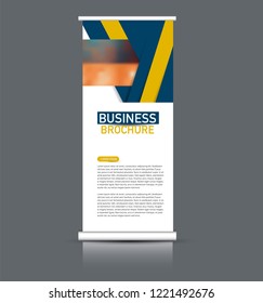Roll up banner design. Vertical narrow flyer template. Advertising panel layout. Blue and yellow vector illustration.