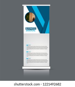 Roll up banner design. Vertical narrow flyer template. Advertising panel layout. Blue vector illustration.