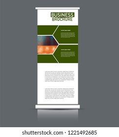 Roll up banner design. Vertical narrow flyer template. Advertising panel layout. Green vector illustration.