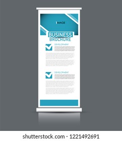 Roll up banner design. Vertical narrow flyer template. Advertising panel layout. Blue vector illustration.