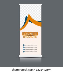 Roll up banner design. Vertical narrow flyer template. Advertising panel layout. Blue and orange vector illustration.