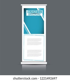 Roll up banner design. Vertical narrow flyer template. Advertising panel layout. Blue vector illustration.