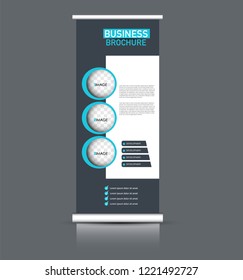 Roll up banner design. Vertical narrow flyer template. Advertising panel layout. Blue and grey vector illustration.