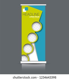 Roll up banner design. Vertical narrow flyer template. Advertising panel layout. Blue and green vector illustration.
