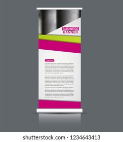 Roll up banner design. Vertical narrow flyer template. Advertising panel layout. Pink and green vector illustration.