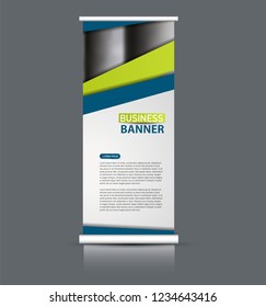 Roll up banner design. Vertical narrow flyer template. Advertising panel layout. Blue and green vector illustration.