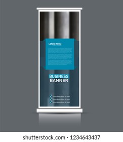 Roll up banner design. Vertical narrow flyer template. Advertising panel layout. Blue vector illustration.
