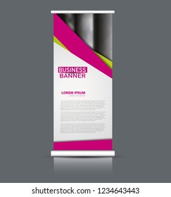 Roll up banner design. Vertical narrow flyer template. Advertising panel layout. Pink and green vector illustration.