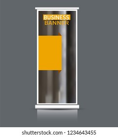 Roll up banner design. Vertical narrow flyer template. Advertising panel layout. Orange vector illustration.