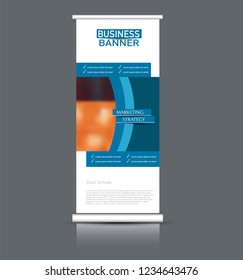 Roll up banner design. Vertical narrow flyer template. Advertising panel layout. Blue vector illustration.