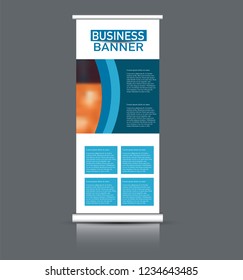 Roll up banner design. Vertical narrow flyer template. Advertising panel layout. Blue vector illustration.