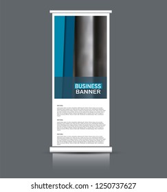 Roll up banner design. Vertical narrow flyer template. Advertising panel layout. Blue vector illustration.
