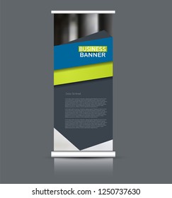 Roll up banner design. Vertical narrow flyer template. Advertising panel layout. Blue and green vector illustration.