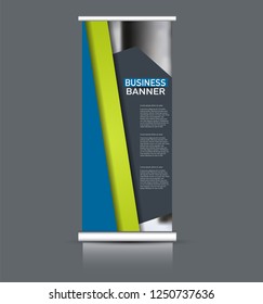 Roll up banner design. Vertical narrow flyer template. Advertising panel layout. Blue and green vector illustration.
