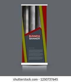Roll up banner design. Vertical narrow flyer template. Advertising panel layout. Red and green vector illustration.