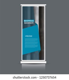 Roll up banner design. Vertical narrow flyer template. Advertising panel layout. Blue vector illustration.