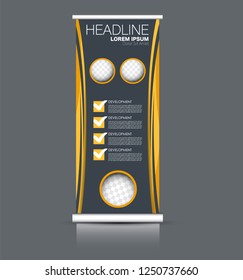 Roll up banner design. Vertical narrow flyer template. Advertising panel layout. Orange and grey vector illustration.