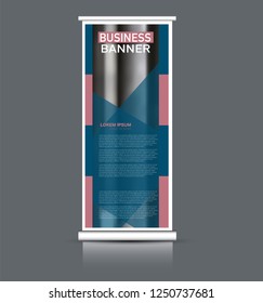 Roll up banner design. Vertical narrow flyer template. Advertising panel layout. Pink and blue vector illustration.