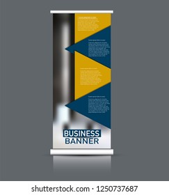 Roll up banner design. Vertical narrow flyer template. Advertising panel layout. Blue and orange vector illustration.