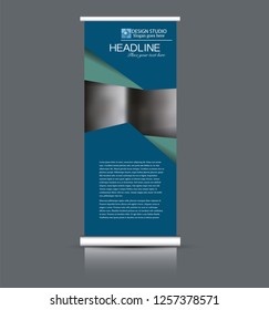 Roll up banner design. Vertical narrow flyer template. Advertising panel layout. Blue and green vector illustration.