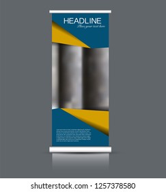 Roll up banner design. Vertical narrow flyer template. Advertising panel layout. Blue and orange vector illustration.