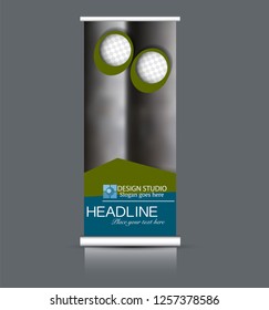 Roll up banner design. Vertical narrow flyer template. Advertising panel layout. Blue and greene vector illustration.