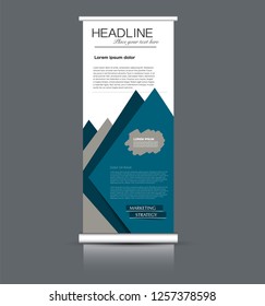 Roll up banner design. Vertical narrow flyer template. Advertising panel layout. Blue vector illustration.