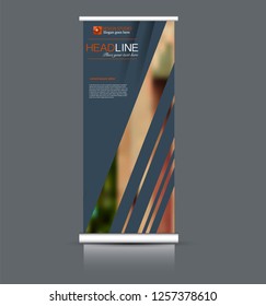 Roll up banner design. Vertical narrow flyer template. Advertising panel layout. Grey and orange vector illustration.