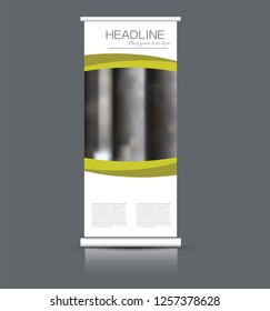 Roll up banner design. Vertical narrow flyer template. Advertising panel layout. Green vector illustration.