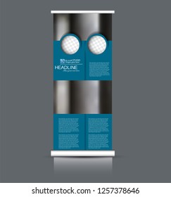 Roll up banner design. Vertical narrow flyer template. Advertising panel layout. Blue vector illustration.