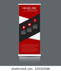 Roll up banner design. Vertical narrow flyer template. Advertising panel layout. Red and black vector illustration.