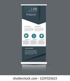 Roll up banner design. Vertical narrow flyer template. Advertising panel layout. Blue vector illustration.