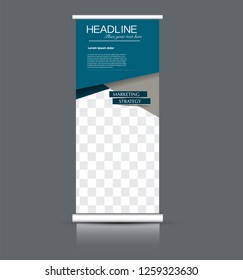 Roll up banner design. Vertical narrow flyer template. Advertising panel layout. Blue vector illustration.