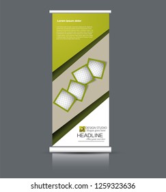 Roll up banner design. Vertical narrow flyer template. Advertising panel layout. Green vector illustration.