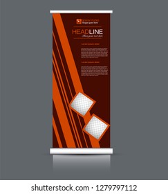 Roll up banner design. Vertical narrow flyer template. Advertising panel layout. Red and orange vector illustration.