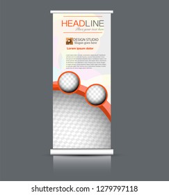 Roll up banner design. Vertical narrow flyer template. Advertising panel layout. Orange vector illustration.