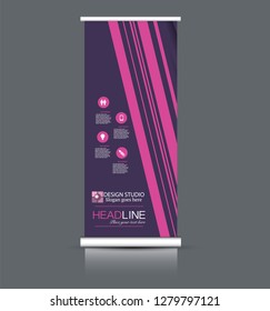 Roll up banner design. Vertical narrow flyer template. Advertising panel layout. Pink and purple vector illustration.