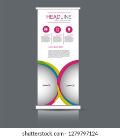 Roll up banner design. Vertical narrow flyer template. Advertising panel layout. Milticolored vector illustration.
