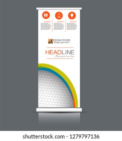 Roll up banner design. Vertical narrow flyer template. Advertising panel layout. Milticolored vector illustration.