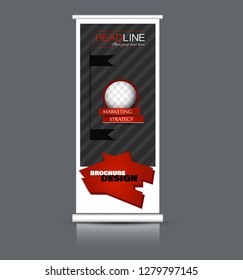 Roll up banner design. Vertical narrow flyer template. Advertising panel layout. Black and red vector illustration.