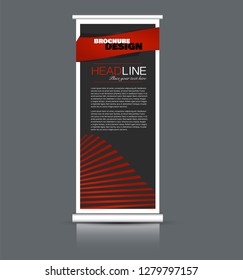 Roll up banner design. Vertical narrow flyer template. Advertising panel layout. Black and red vector illustration.