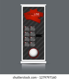 Roll up banner design. Vertical narrow flyer template. Advertising panel layout. Black and red vector illustration.