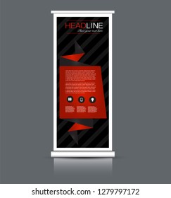 Roll up banner design. Vertical narrow flyer template. Advertising panel layout. Black and red vector illustration.