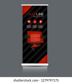 Roll up banner design. Vertical narrow flyer template. Advertising panel layout. Black and red vector illustration.