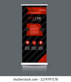Roll up banner design. Vertical narrow flyer template. Advertising panel layout. Black and red vector illustration.