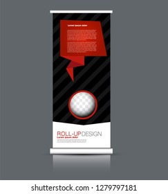 Roll up banner design. Vertical narrow flyer template. Advertising panel layout. Black and red vector illustration.