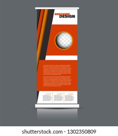 Roll up banner design. Vertical narrow flyer template. Advertising panel layout. Red and orange vector illustration.